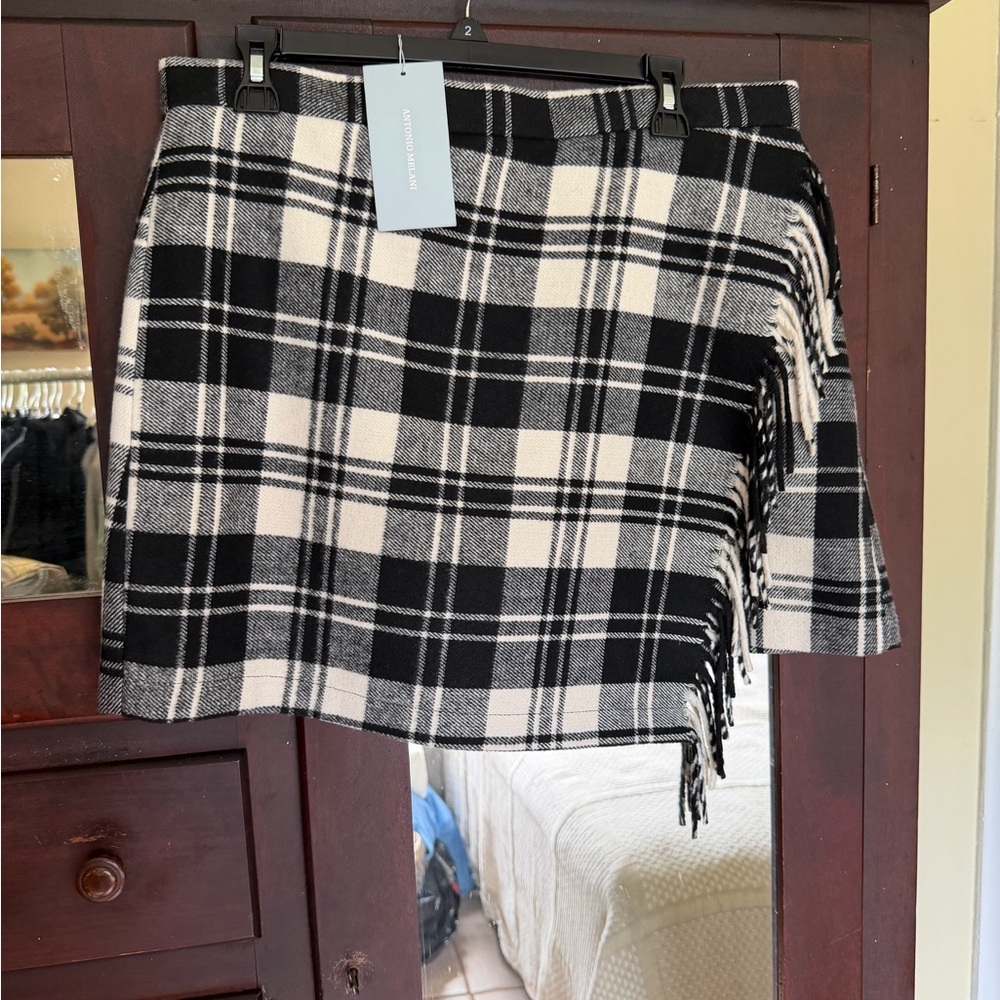 ANTONIO MELANI Black and White Plaid Mini Skirt with Fringe detail.